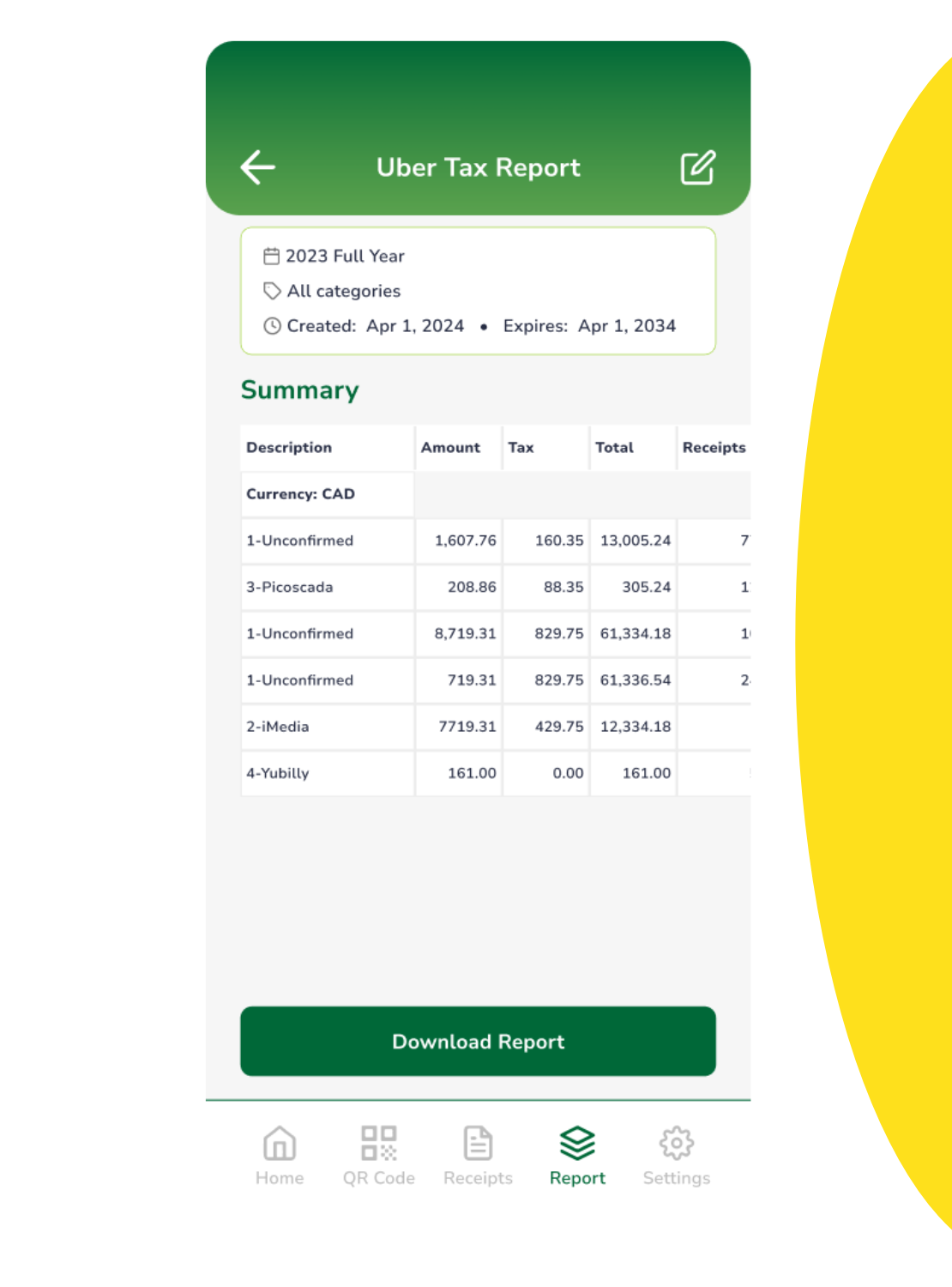 Yubilly app interface showing organized digital receipts for freelancers