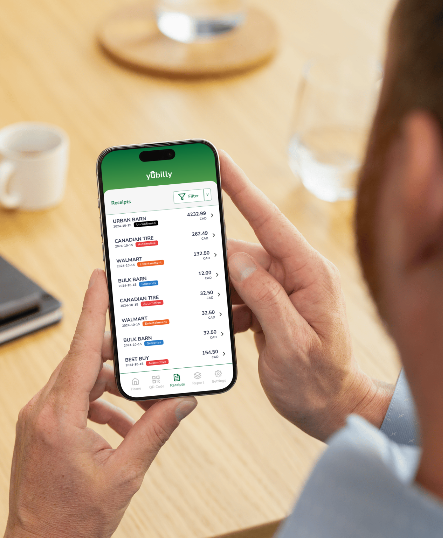 Yubilly app interface showing organized digital receipts for freelancers